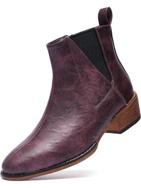 Women's  wine red Ankle Boots Mid-height Heels Chelsea Zipper Dressy Booties